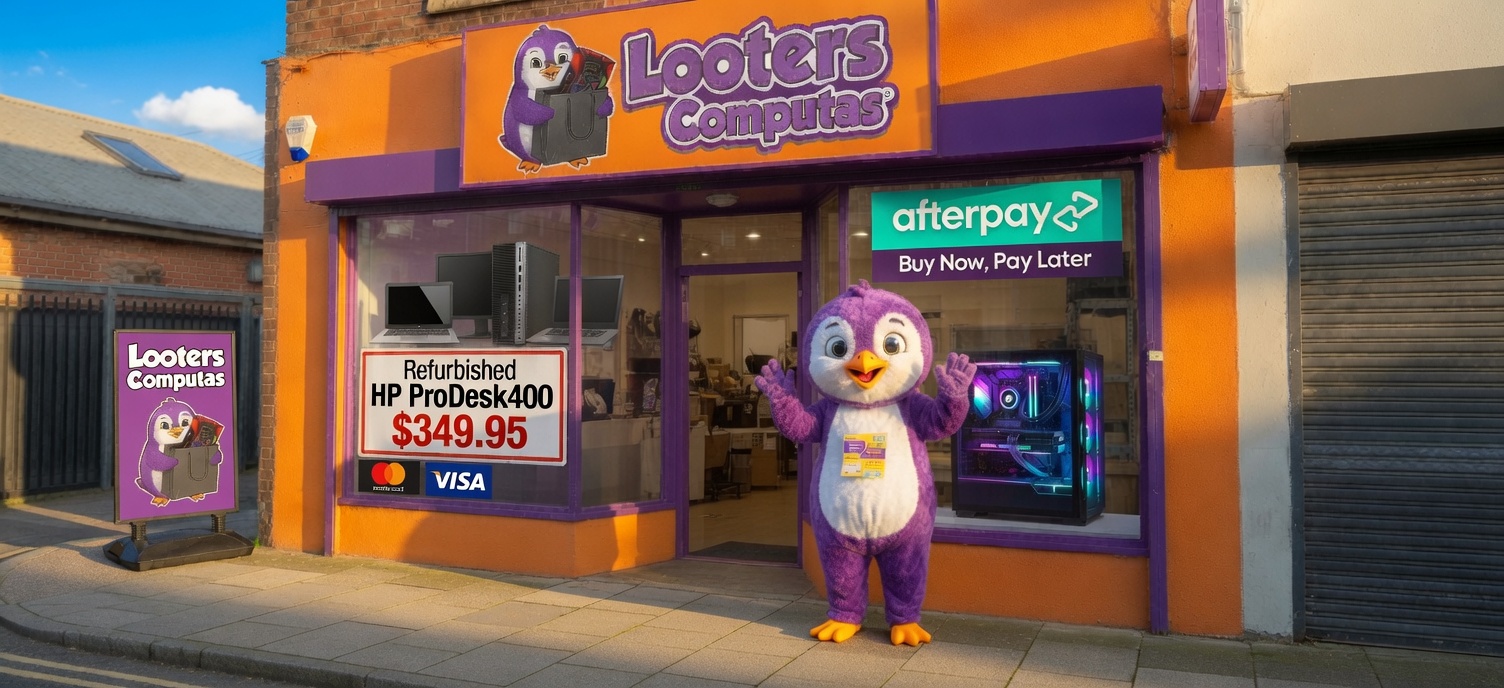 The old Looters Computas storefront: orange and purple shop front, penguin mascot, Afterpay window, and a Refurbished HP ProDesk 400 in the display